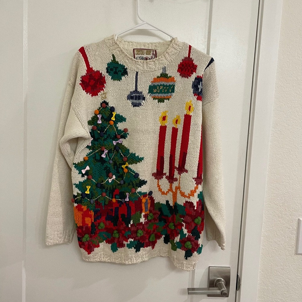 Vintage GrandmaCore Christmas Tree Sweater Candles Holiday Retro